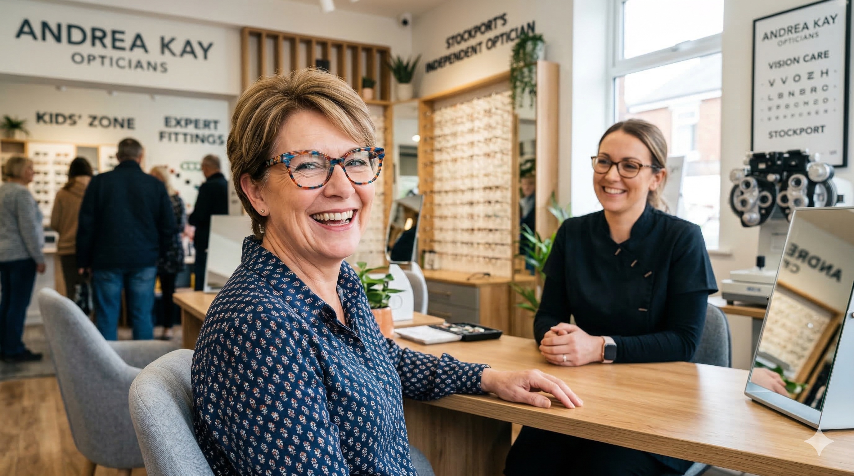 Patient wearing stylish new glasses after a comprehensive eye test