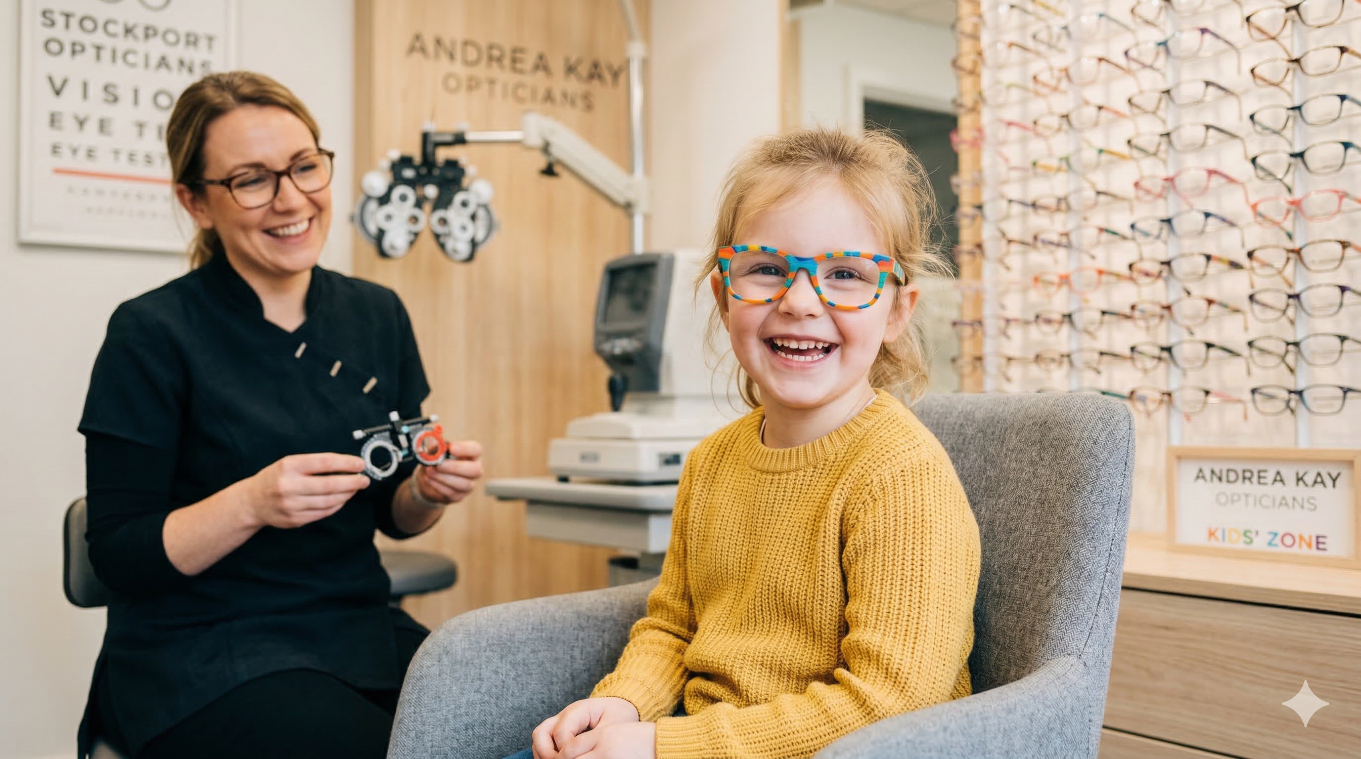 Happy child wearing new glasses after a kid-friendly eye test