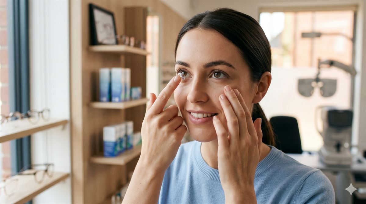 Smiling active woman outdoors enjoying perfect clarity of vision with comfortable soft contact lenses.