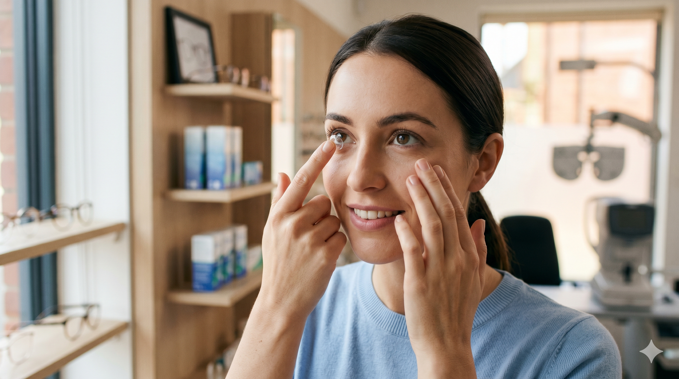 A clean, clinical close-up of a patient comfortably applying a contact lens, or an active individual outdoors.