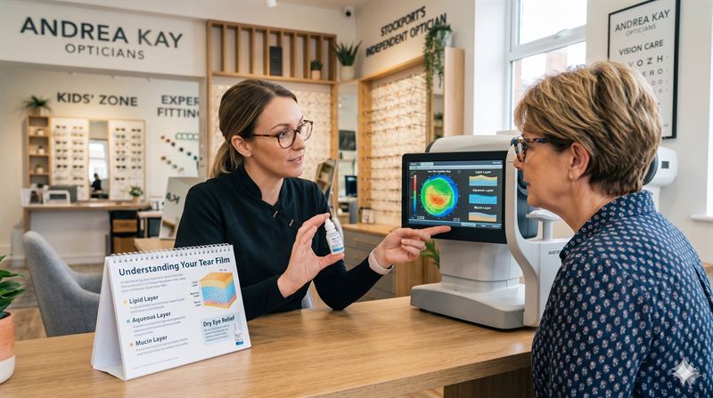 Professional optometrist demonstrating dry eye relief drops and explaining tear film health to a patient in Stockport.