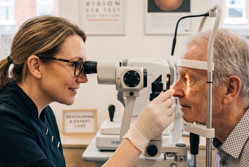 Reassuring optometrist inspecting a patient's eye closely using a slit lamp microscope at Andrea Kay Opticians Stockport.