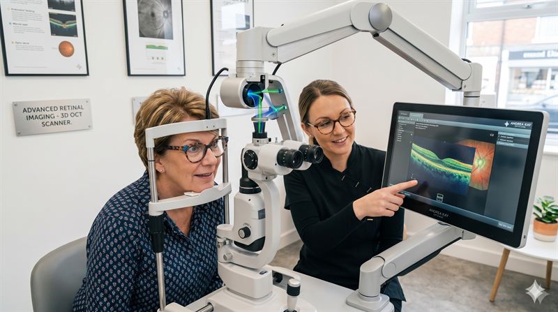 Patient looking into an advanced 3D OCT scanner at Andrea Kay Opticians Stockport during a comprehensive eye check.
